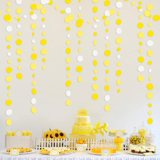 46 Ft Yellow White Circle Dots Garland Gradient Yellow Polka Dot Hanging Paper Streamer for Wedding Bridal Shower Birthday Baby Shower Engagement Bee Sunflower Lemon Theme Party Decorations Supplies