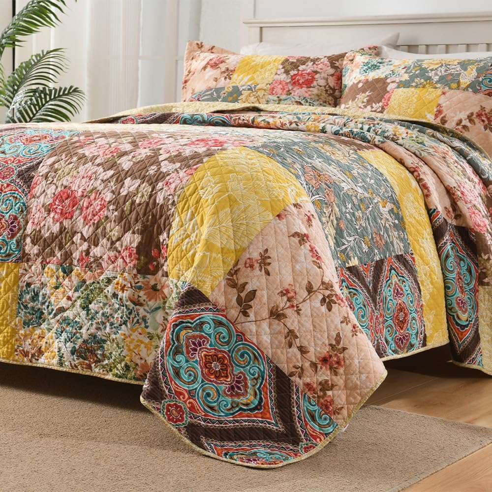Autumn Dream Cotton Bedspread Quilt Sets Reversible Bedding Coverlet Sets, Luxury Vintage Floral Patchwork Yellow Bedspread, King Size