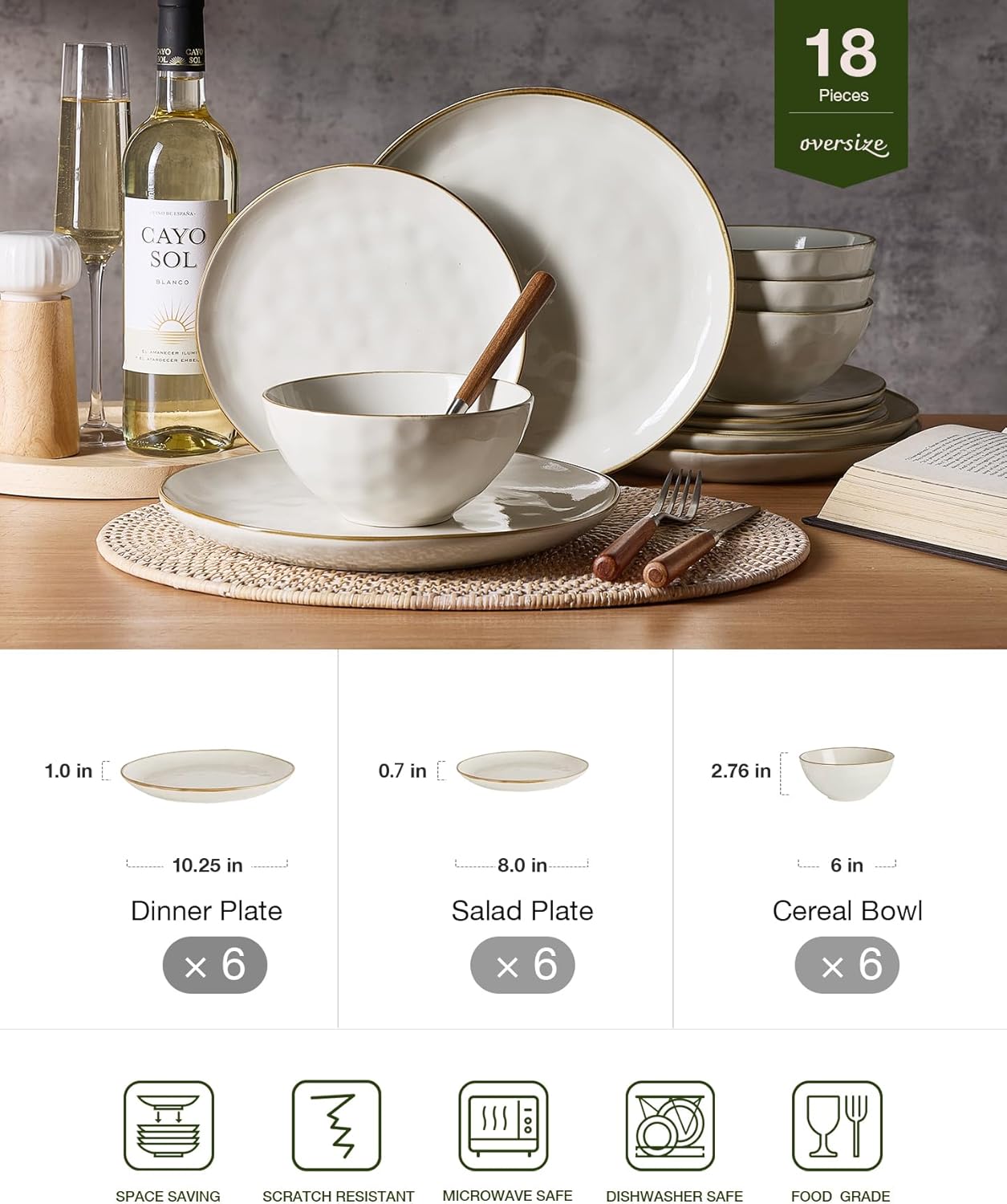 Famiware Ocean Round Plates and Bowls Set, 18 Pieces Dinnerware Sets, Dishes Set for 6, Microwave and Dishwasher Safe, Scratch Resistant, Vanilla White