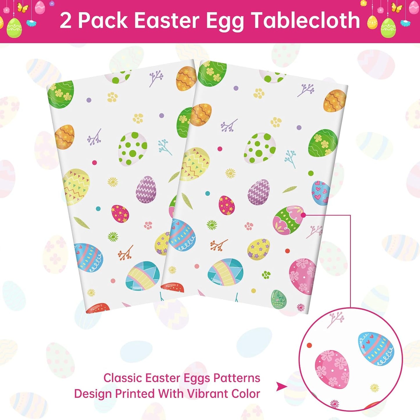 2 Pack Easter Tablecloth - Colorful Easter Eggs Table Cloth, Plastic Disposable Rectangle Spring Easters Egg Table Cover for Easters Tables Decorations and Party Supplies Decor Favors, 108 x 54 Inch