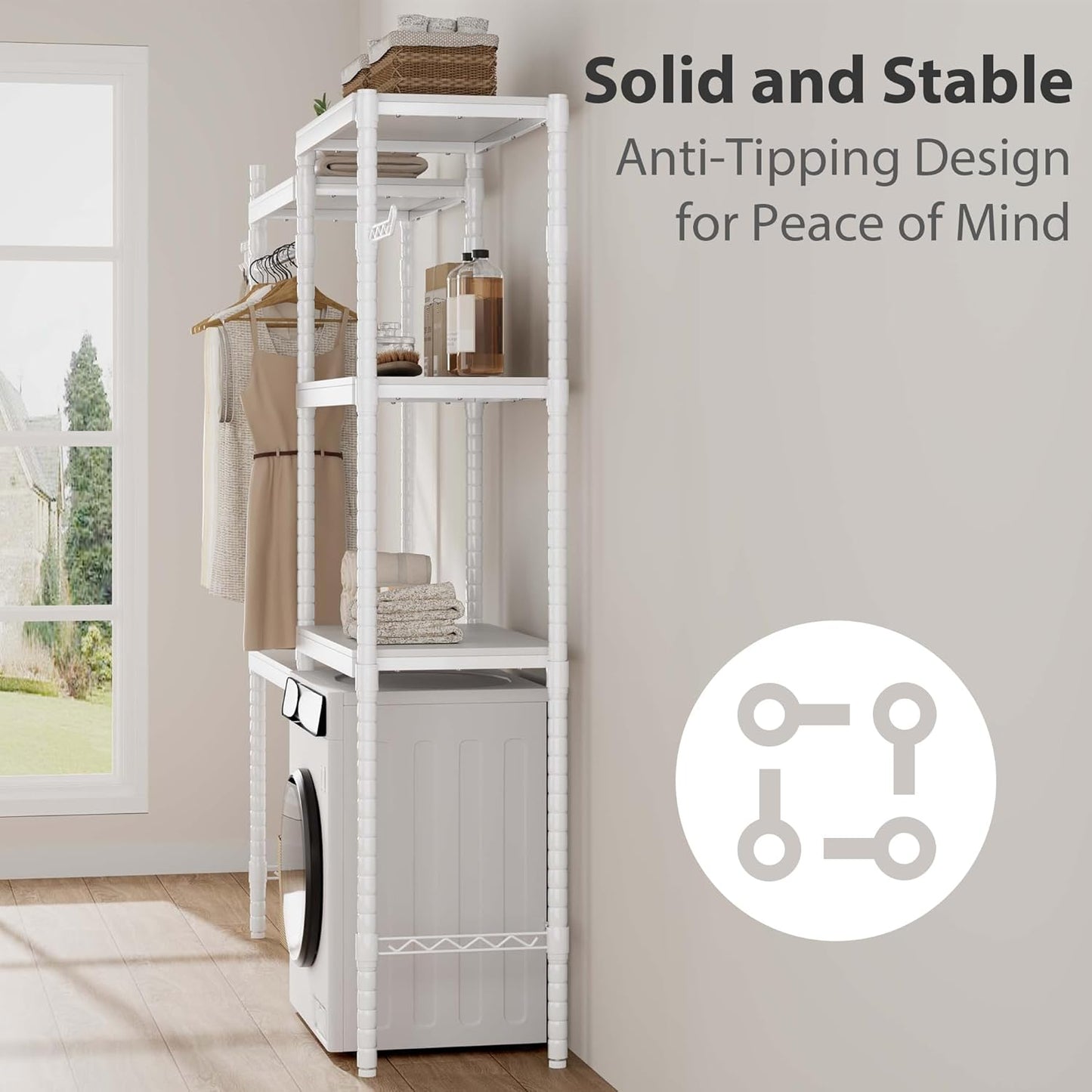 5-Tier Over-The-Washer Shelf - Adjustable 28" Laundry Organizer with 100lb Double Wood Shelves, Space-Saving Storage Unit for Small Homes (White)