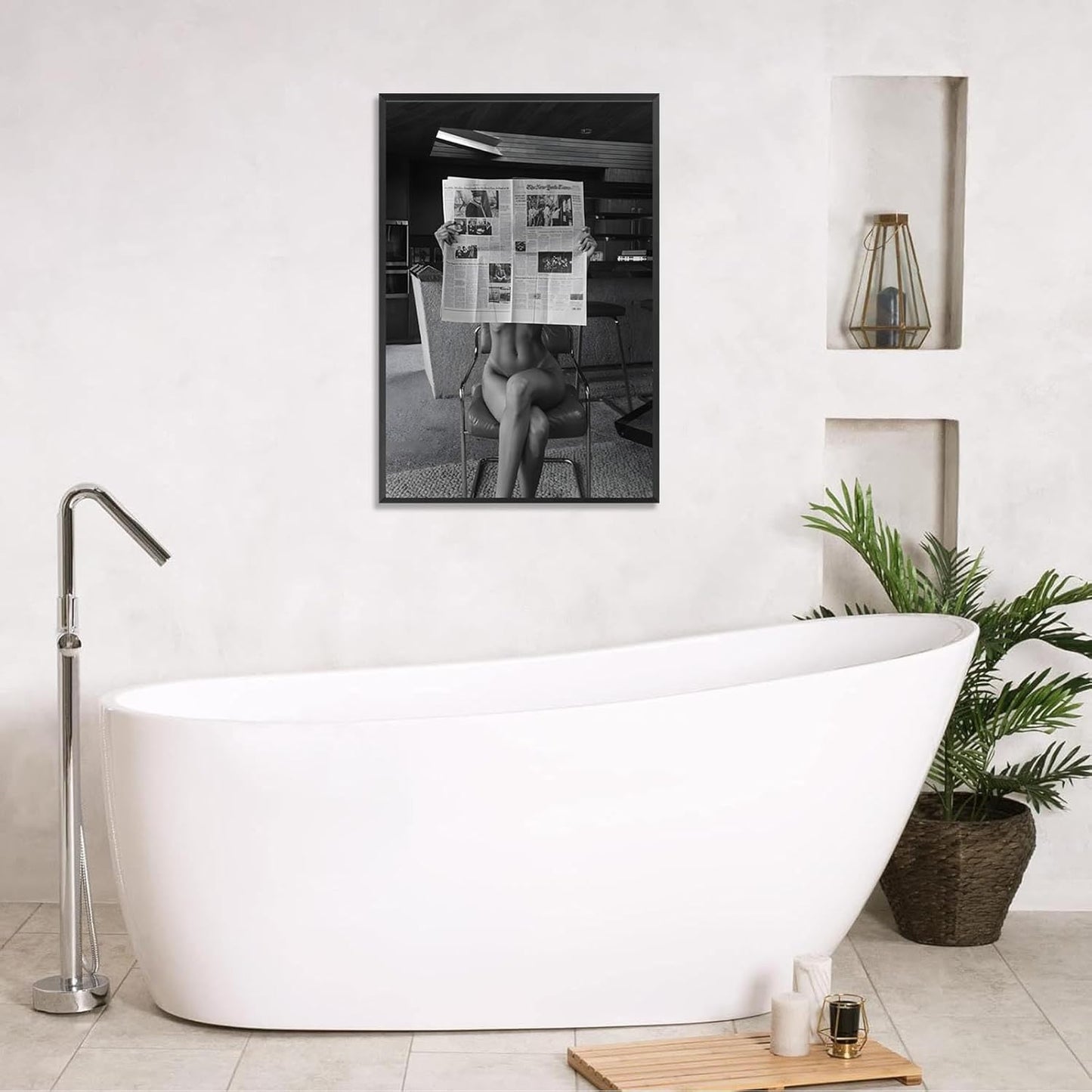 Sexy Glamorous Reader Poster Feminist Art Black and White Preppy Canvas wall art Retro Room Aesthetic Newspaper prints painting Trendy Naked Women Art wall decor 24x36in Framed
