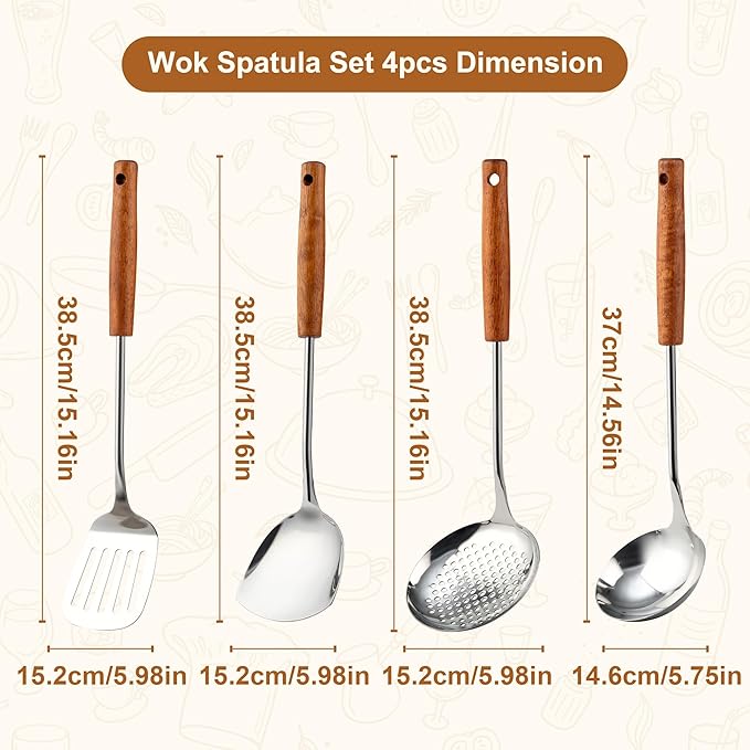FJNATINH Wok Spatula - Ladle - Skimmer - Stainless Steel Wok Tools,Wok Utensil,Mirror Polished Stainless Steel Cooking Utensils 14.6-15.2" Kitchen Utensils Cookware, Pack of 3