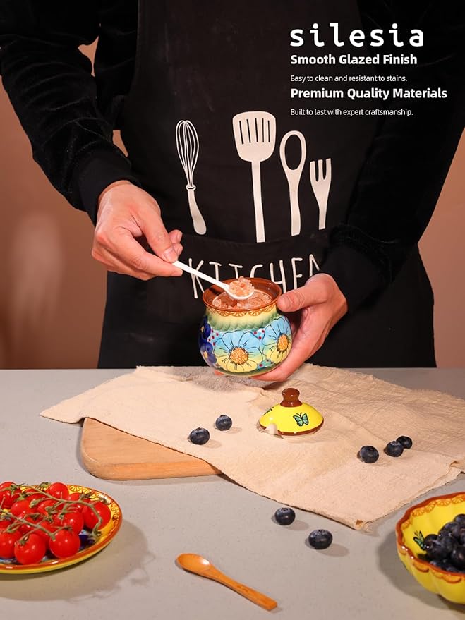 silesia Handmade Sugar Bowl with Lid and Spoon, 9 Ounce Ceramic Hand-Painted Sugar Jar for Home in Gift Box, Kitchen Decor, Oven, Dishwasher & Microwave Safe, Glazed Yellow