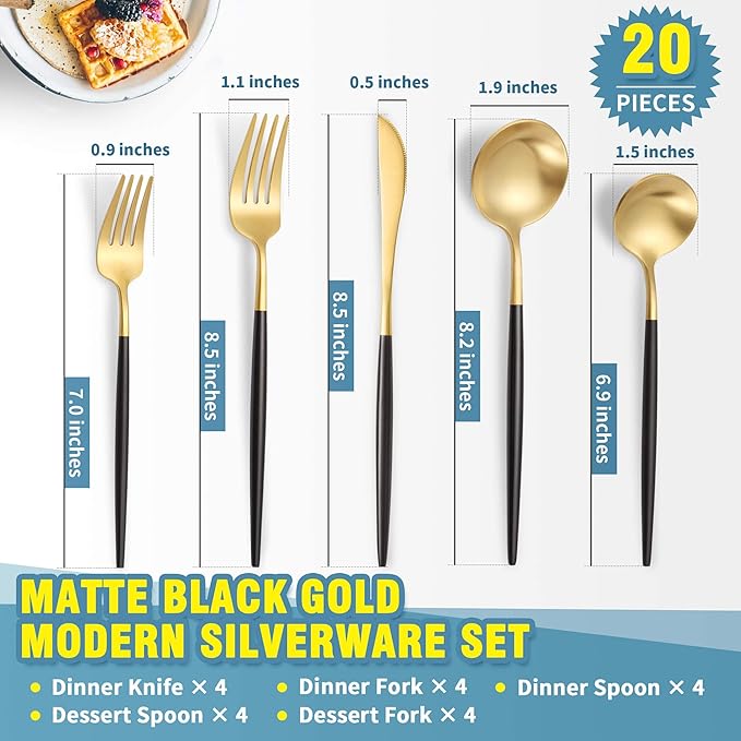 Matte Black Gold Silverware Set for 4,Modern Stainless Steel Brushed Cutlery Set,20-Pieces Heavy Duty Flatware Set,Knives Spoons and Forks Set Utensils Set, Satin Finish, Dishwasher Safe
