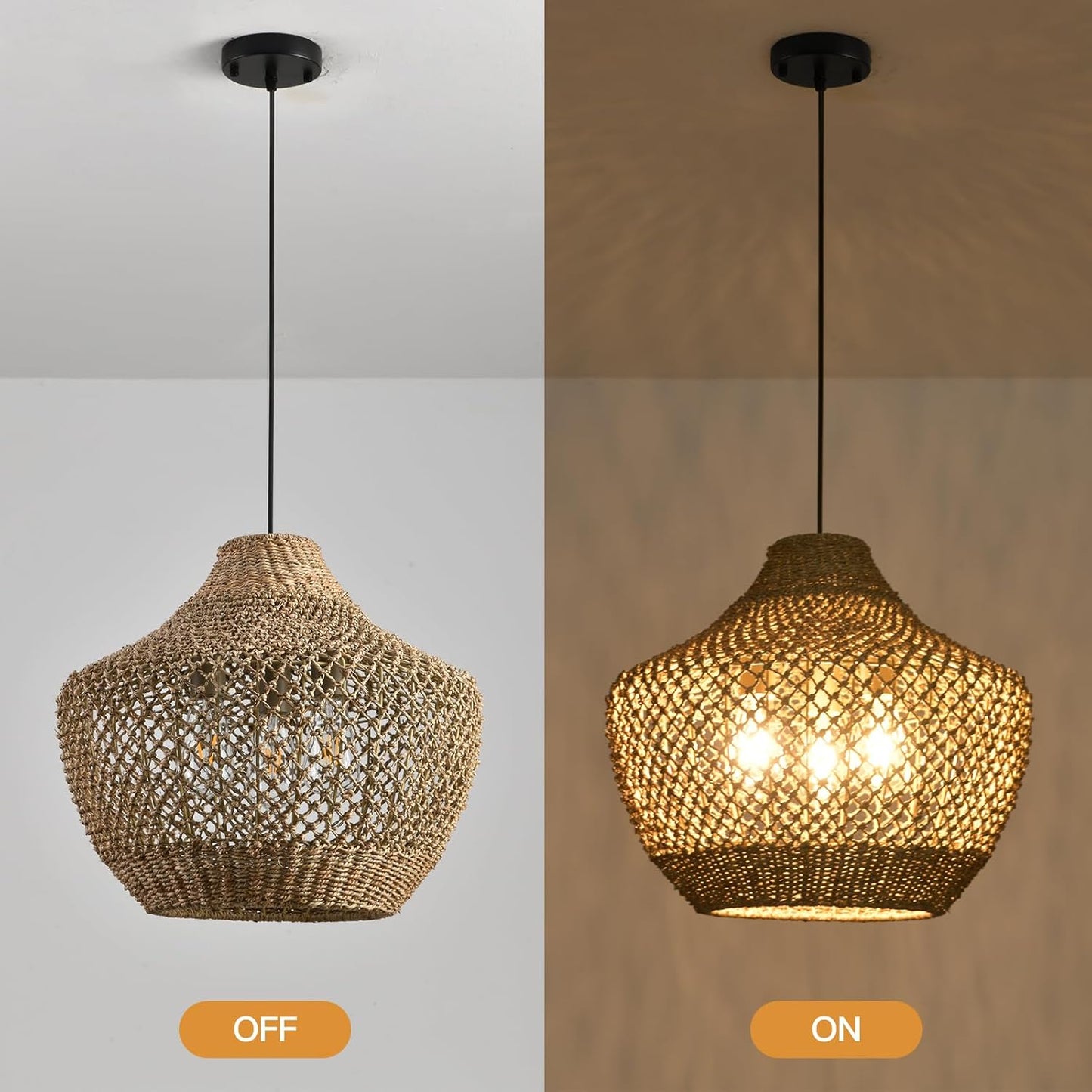 18.9”Boho Wicker Large Pendant Light,3-Light Rattan Chandelier, Hand-Woven Seagrass Farmhouse Fixture, for Kitchen Island Bedroom Dining Living Entrance Halls.