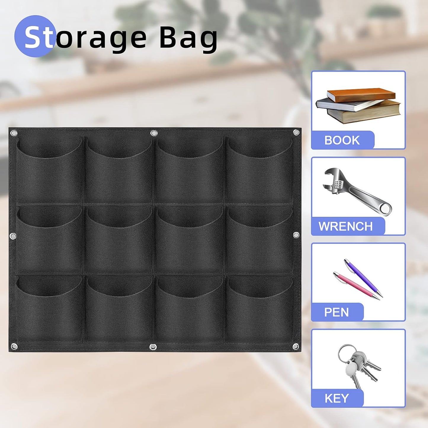 12 Pockets Hanging Planter Bags, Hanging Vertical Wall Mounted Plant Planting Grow Bags, Herb Garden Planter Outdoor Indoor Growing Bag, Gardening Vertical Greening Flower Container(0.6m×0.8m, Black)