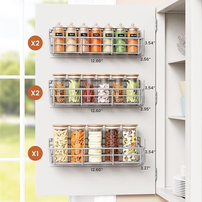 5 Pack Spice Rack Seasoning Organizer Wall Mount, Screw or Adhesive Hanging Shelf Basket Spice Organizer Shelf for Kitchen, Silver