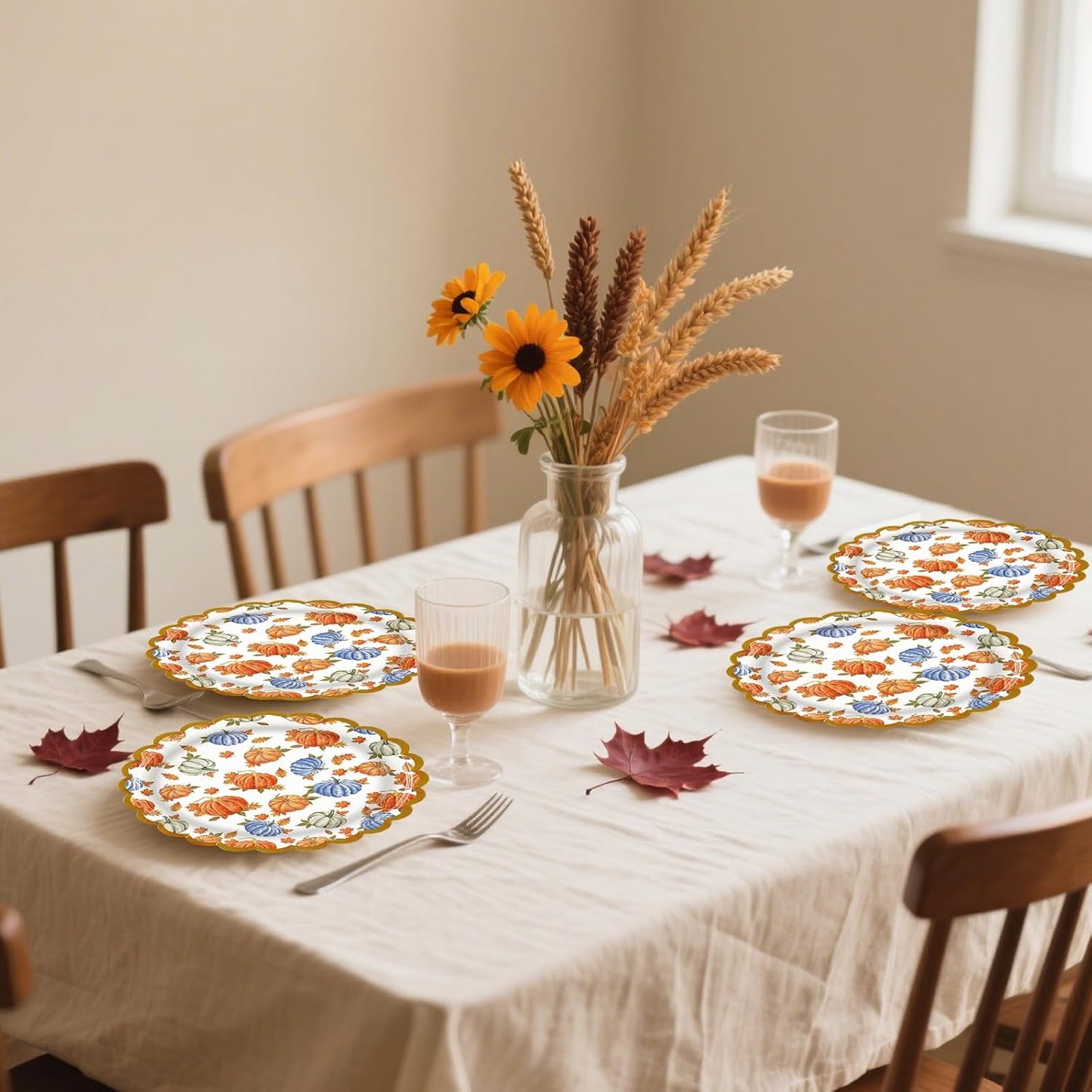 50 Pack Fall Pumpkins Paper Plates, 7inch Thanksgiving Dessert Plates Scalloped Foiled Edge Autumn Leaves Party Supplies for Harvest Friendsgiving Birthday Baby Showers Wedding Decorations