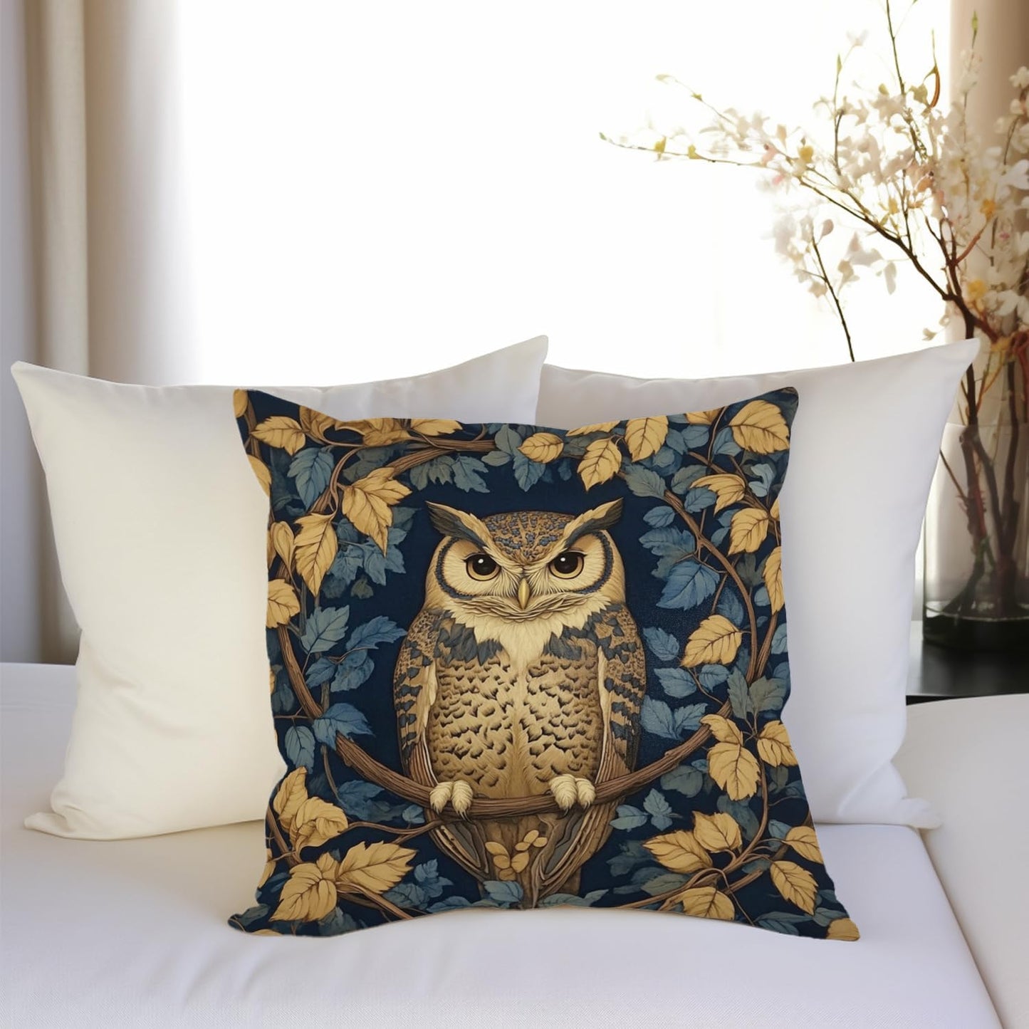 YOU FOUND ME William Morris Abstract Vintage Floral Velvet Butterfly Design Throw Pillow Covers Home Decor, Retro Art Deco Pillowcase Cushion Cover for Bed Sofa Living Room, Square 18x18inch (Owl)