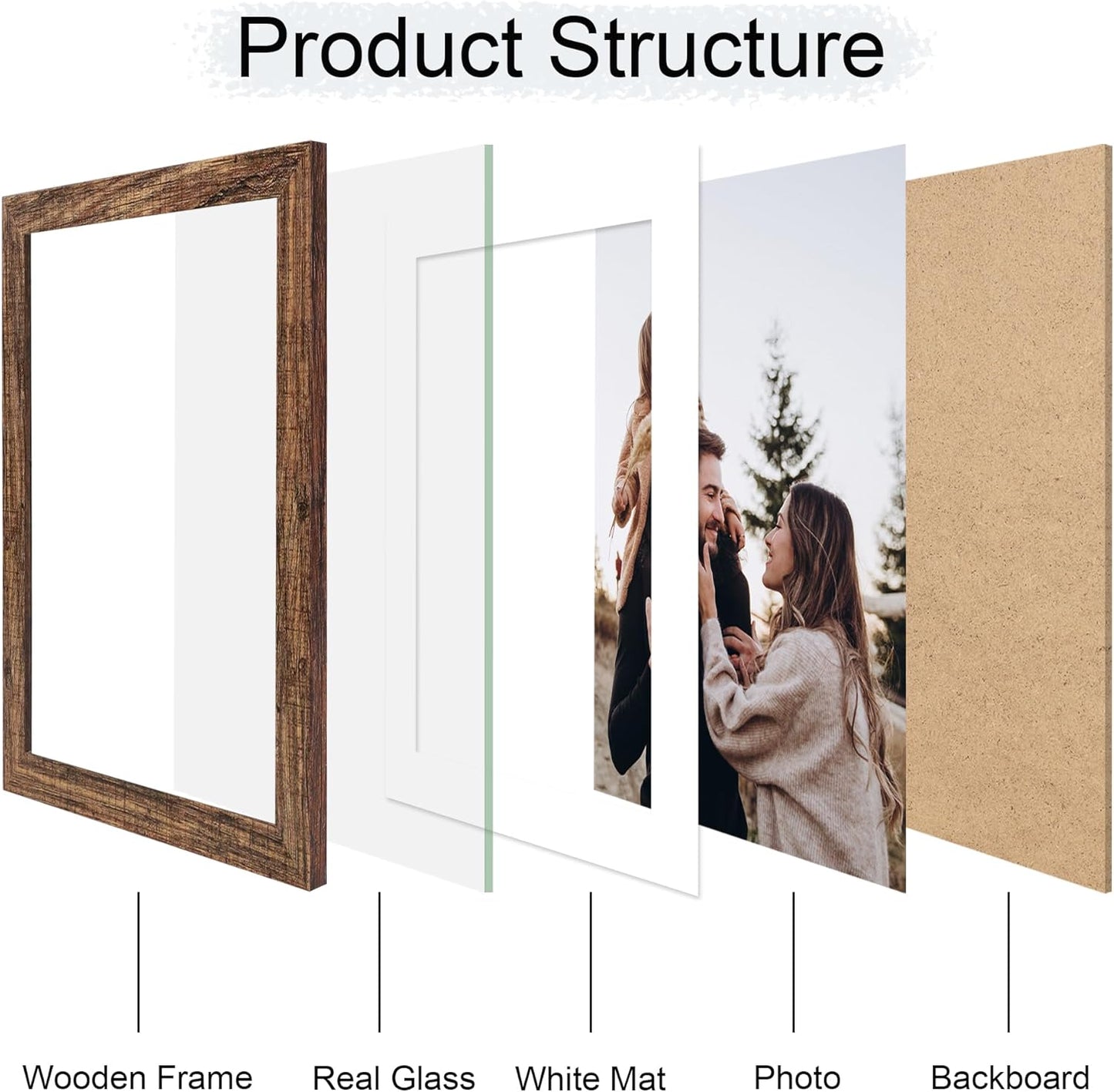 10x14 Picture Frame Set of 4, 10 x 14 Wood Photo Frames with Mat for 8x12 or 30x40cm Diamond Painting Art, Wooden Frame with Real Glass Cover for Wall and Tabletop Display,Rustic Brown