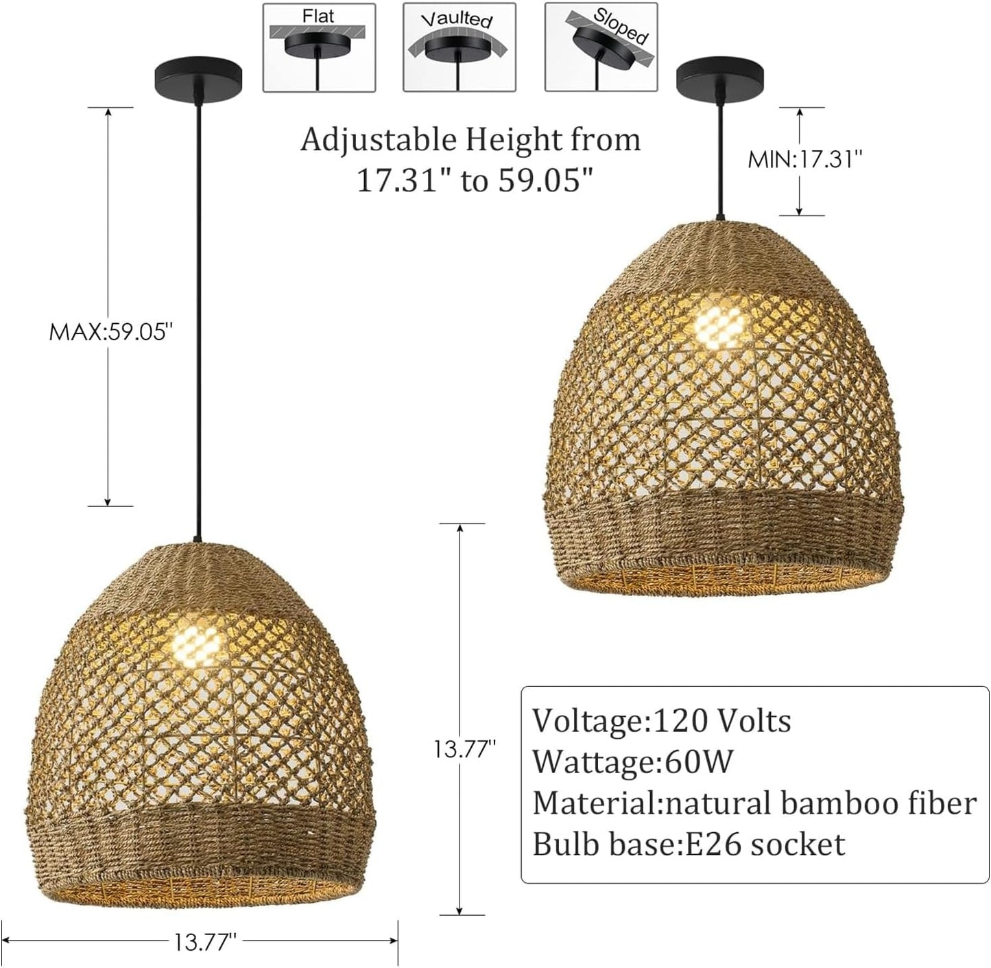 13.77" Rattan Pendant Light Rustic Hand-Woven Wicker Hanging Light 1-Light Water Plants Rattan Chandelier for Dining Living Bedroom Kitchen Farmhouse