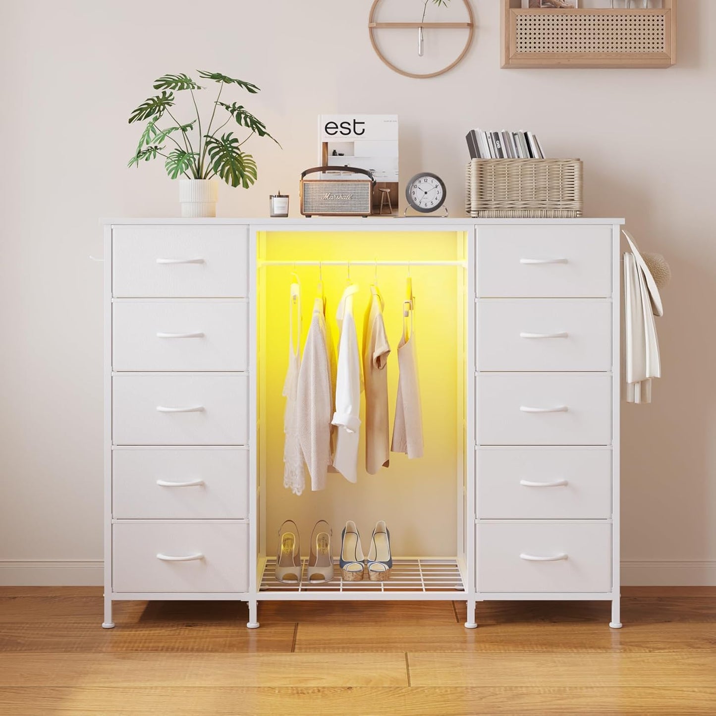 LUMTOK 55" W 2-in-1 Dresser with Hanging Rack, 10 Drawers Dresser for Bedroom, White Drawer Dressers with LED Lights, Charging Station and Hanging Racks for Bedroom
