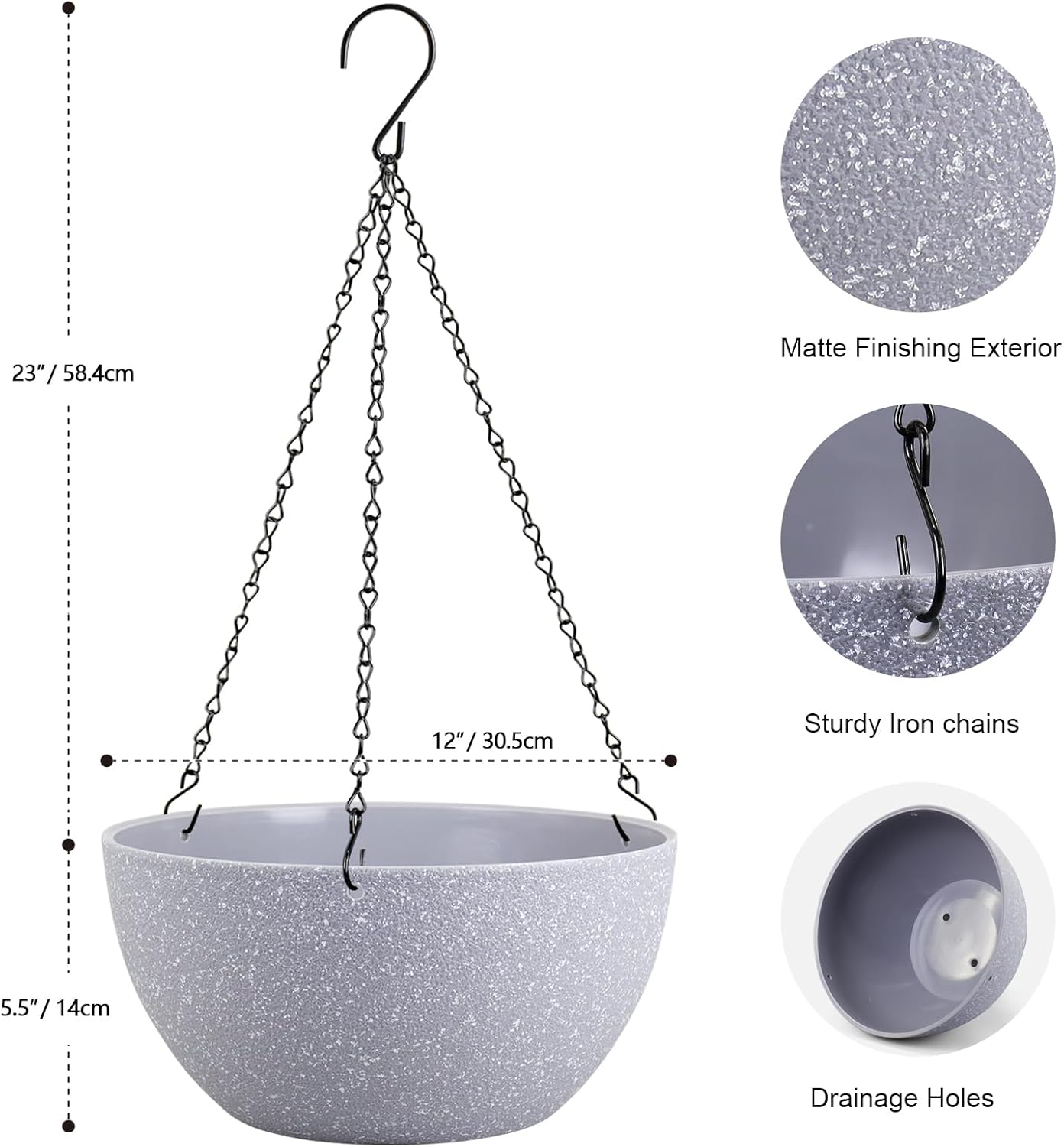12 inch Large Hanging Planters for Indoor Outdoor Plants, 2 Pack Hanging Flower Pots with Drainage Holes and Chain for Garden Porch, Plastic Hanging Baskets for House Plants, Speckled Grey