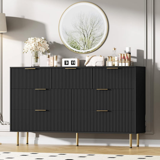 7 Drawers Dresser for Bedroom, Fluted Dresser Chest of Drawers with Gold Handle, Wood Modern Dressers for Closet, Bedroom Furniture Storage Organizer for Living Room, Hallway