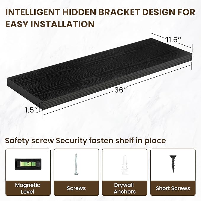 36 Inch Floating Shelves, 11.6 Inch Deep Floating Shelves for Wall, Floating Shelf with Invisible Brackets, Deep Shelves for Bathroom, Bedroom, Living Room, 2 Pack, Black