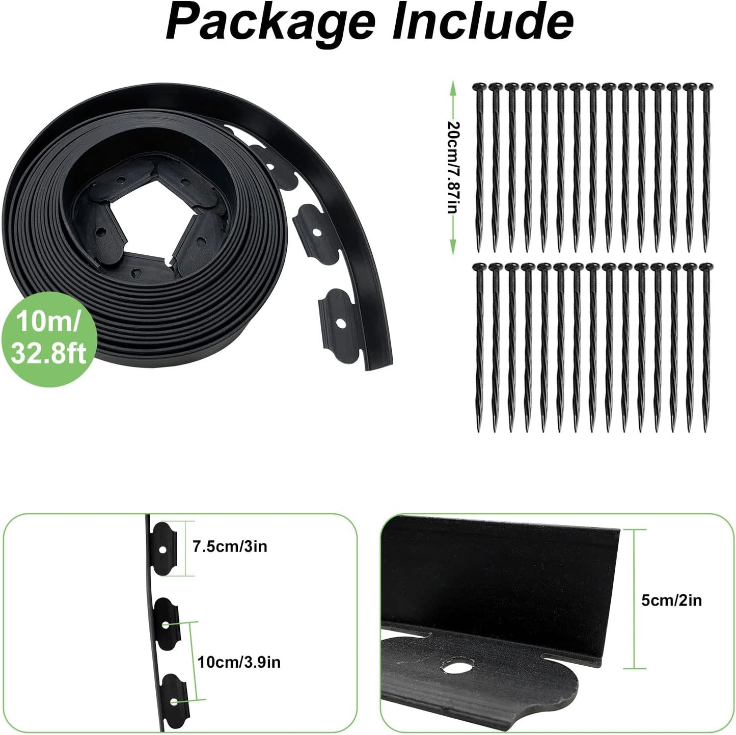 Garden Edging Border 33ft, 2in Tall Plastic Straight Top Lawn Edging Landscaping Edging Kit with 30pcs Spikes for Paver Edging, Grass Edging, Flower Beds, Yard, Black