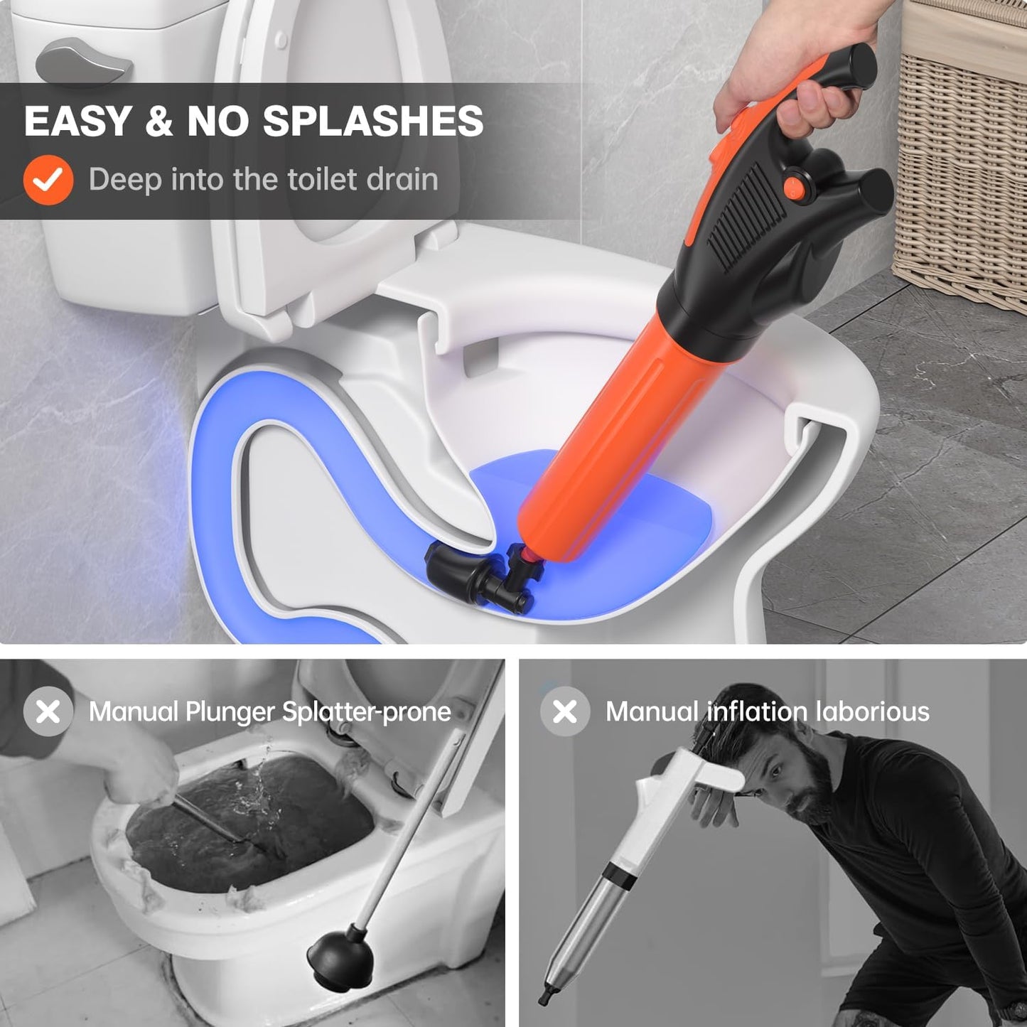 Toilet Plunger, Drain Clog Remover, High-Pressure Air Drain Blaster with Real-Time Barometer Powerful Drain Snake Sink Plunger Plumbing Tools Plungers for Bathroom, Sink, Floor, Kitchen Clogged