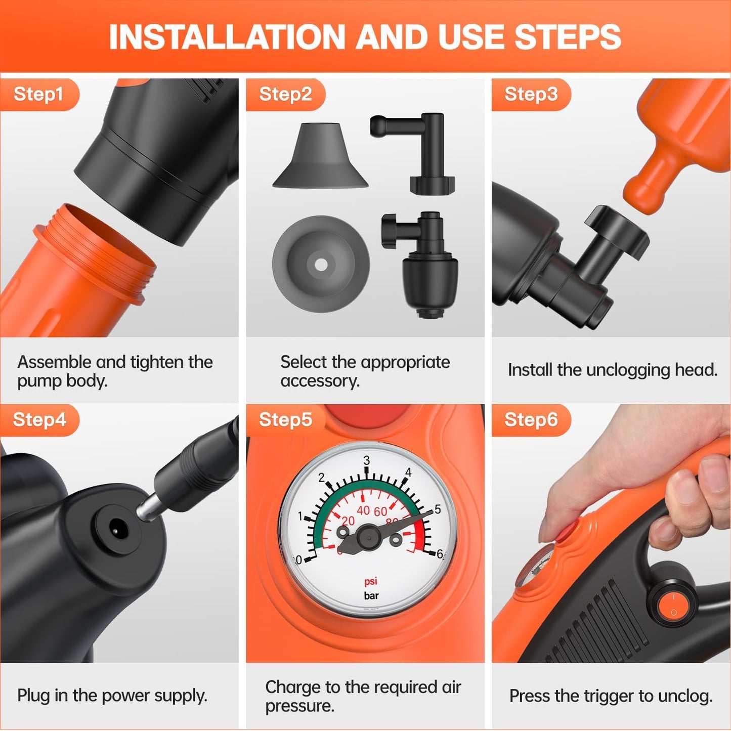 Toilet Plunger, Drain Clog Remover, High-Pressure Air Drain Blaster with Real-Time Barometer Powerful Drain Snake Sink Plunger Plumbing Tools Plungers for Bathroom, Sink, Floor, Kitchen Clogged