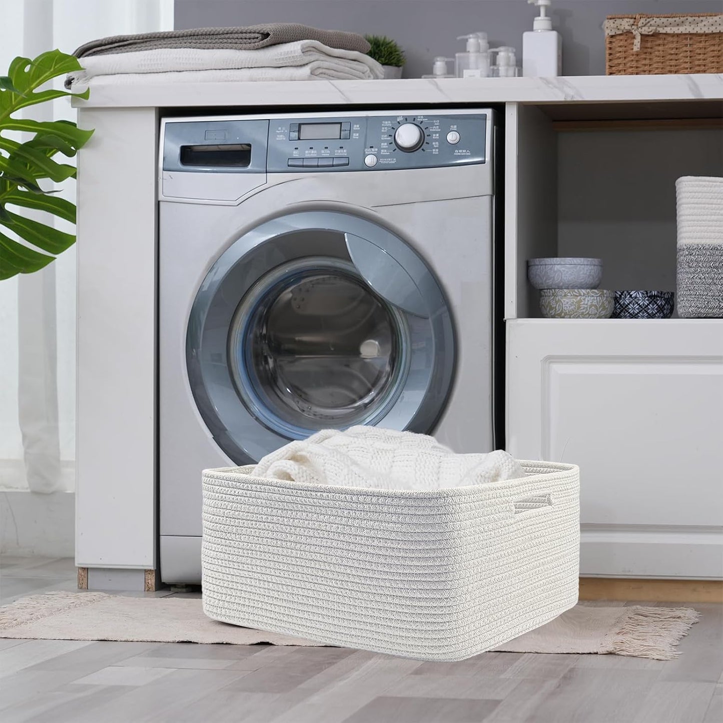 COMFY-HOMI Cotton Rope Woven Basket with Handles for Shelves,Toys,Book, Cloth Storage Baskets for Organizing-17" x 13" x 7.5" Toy Decorative Organizer for Living Room, Bathroom （All White）