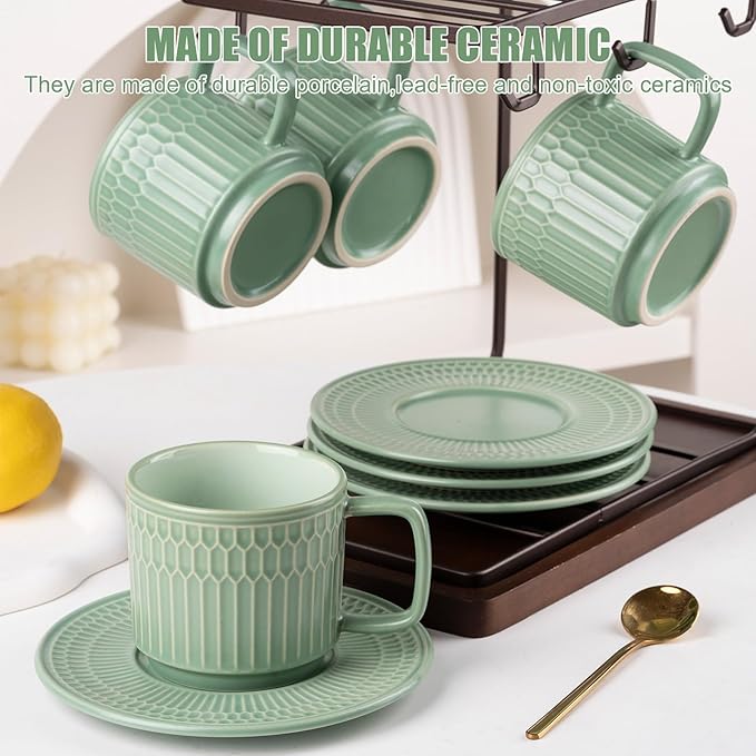 Large Cappuccino Cups with Saucers Set of 4, 8 Ounce Stackable Embossed Ceramic Coffee Mugs for Specialty Coffee Drinks, Latte, Cafe Mocha and Tea, Dishwasher & Microwave Safe (Green)