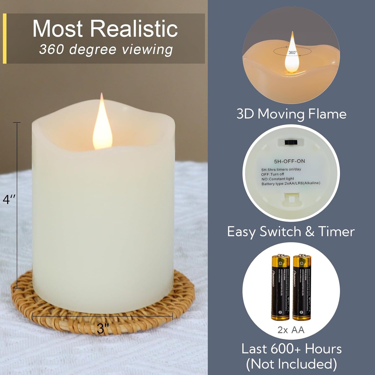 Flameless Candles Battery Operated with Remote Timer, 3D Moving Flame Flickering, Last 600+ Hours Battery Candles, 3" x 4" Ivory Real Wax Electric LED Candle for Wedding Party, Set of 2