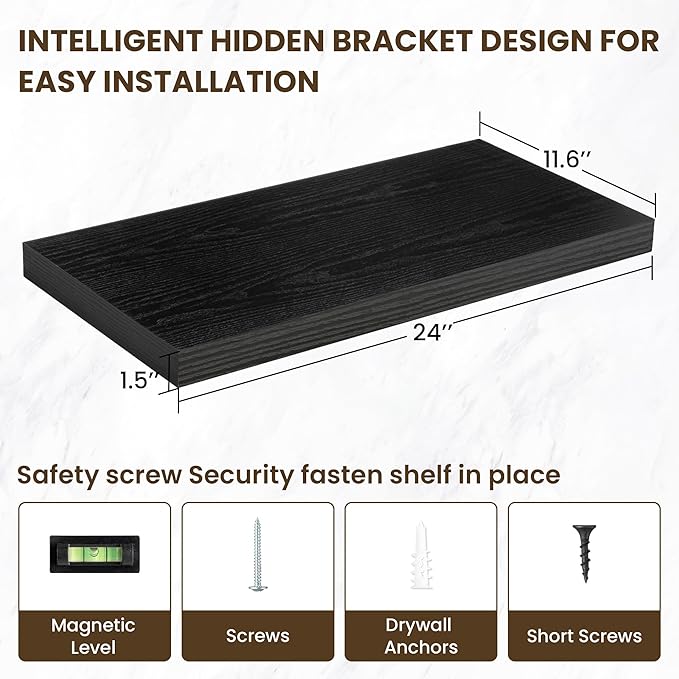 24 Inch Floating Shelves, 11.6 Inch Deep Floating Shelves for Wall, Floating Shelf with Invisible Brackets, Deep Shelves for Bathroom, Bedroom, Living Room, 2 Pack, Black