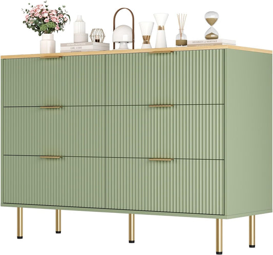 Fluted Wood Dresser 6 Drawers Dresser for Bedroom, Large Modern Chest of Drawers, for Bedroom, Living Room, Hallway, Entryway, Green and Oak