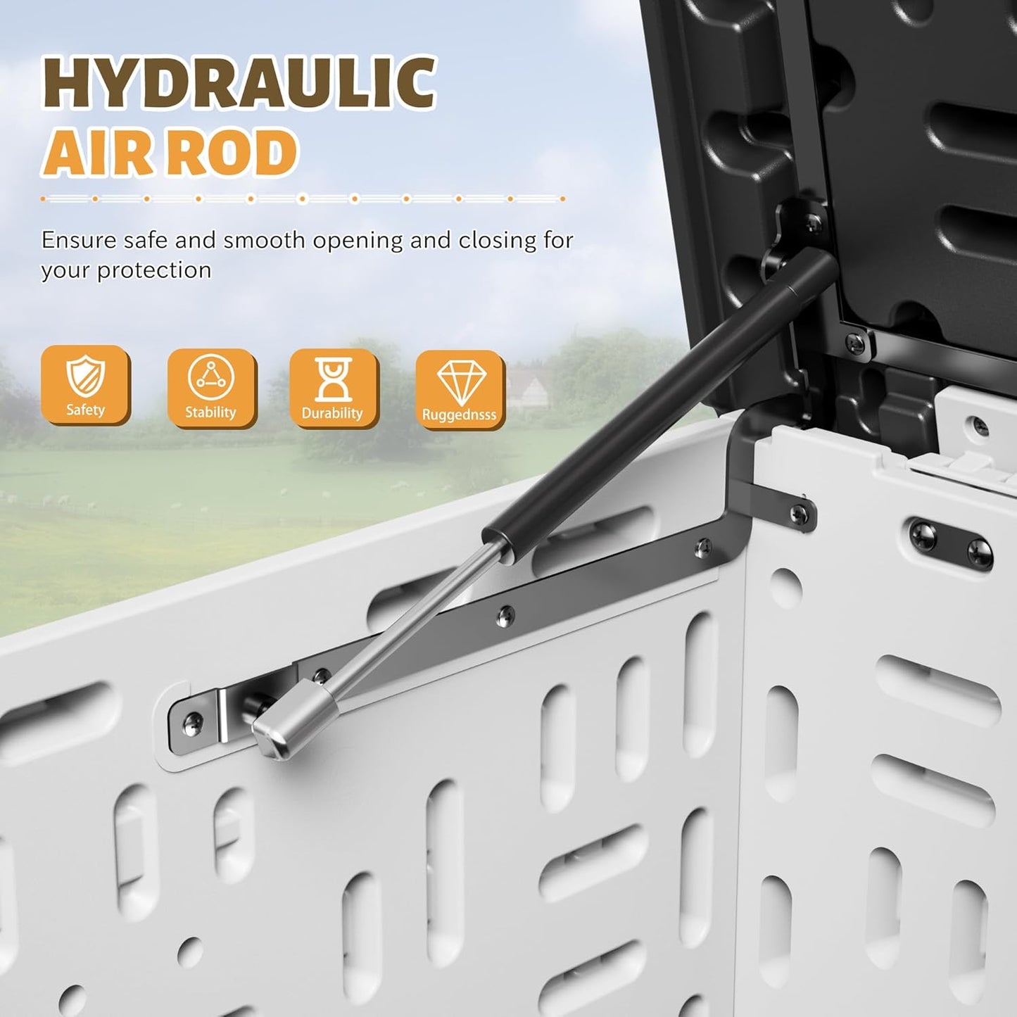 Flamaker Resin Deck Box 250 Gallon, Waterproof Imitation-Wood Lockable Storage Box with Separator Plate Outdoor Indoor, Garden, Patio Furniture for Tools&Pool Accessories (White with Black Cover)