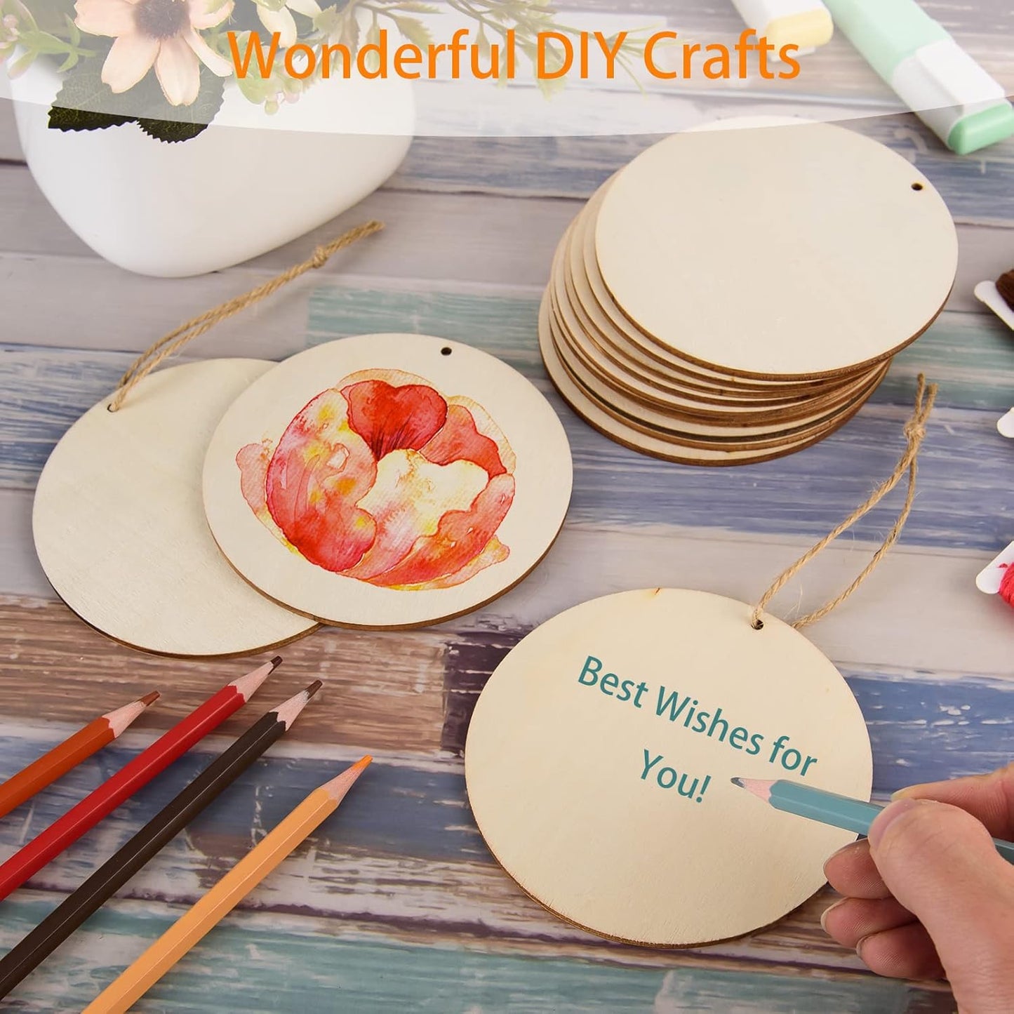 120 Pcs 4 Inch Unfinished Rounds Wood Circles with Holes Wooden Tags Round Wood Discs Cutouts for Crafts Natural Blank Wooden Circle Ornaments Hanging Tags for DIY Crafts, Party, Christmas, Home Decor