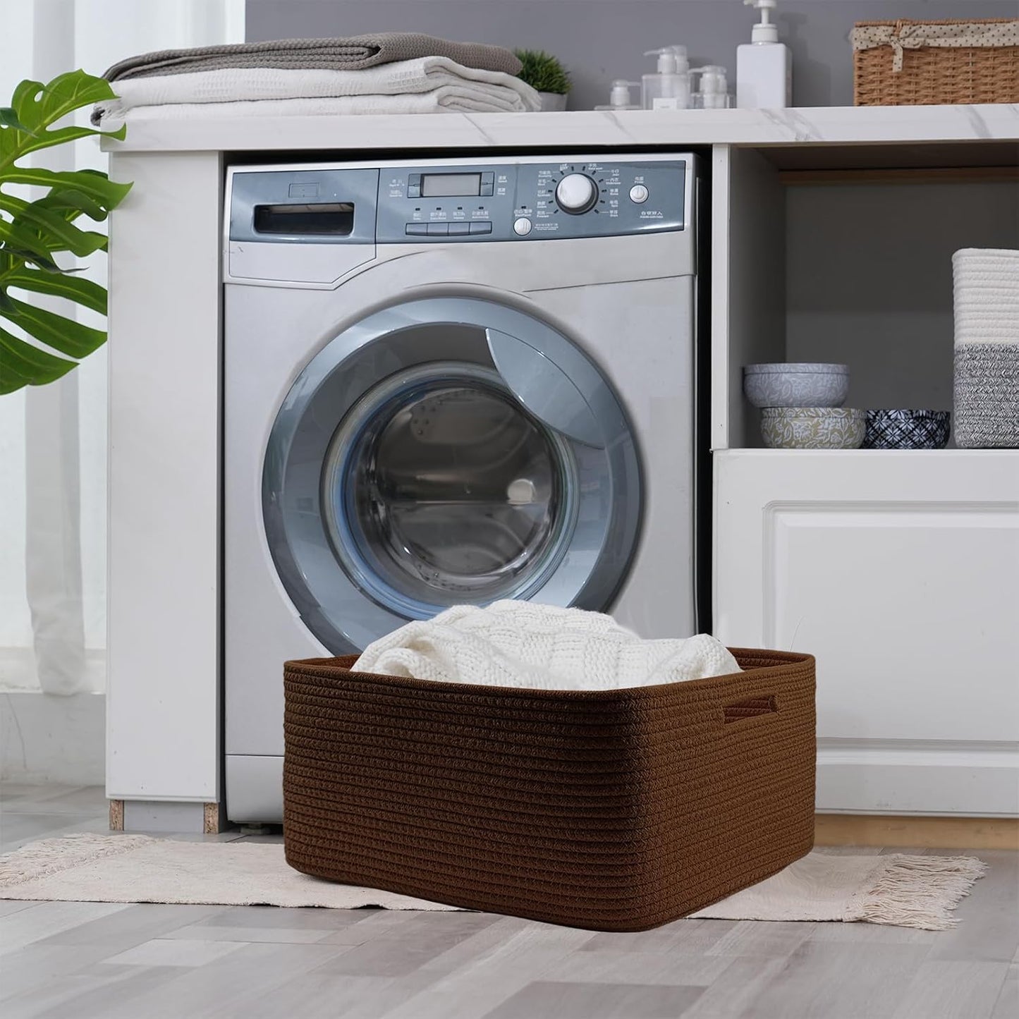 COMFY-HOMI Cotton Rope Woven Basket with Handles for Shelves,Toys,Book, Cloth Storage Baskets for Organizing-17" x 13" x 7.5" Toy Decorative Organizer for Living Room, Bathroom （dark brown）