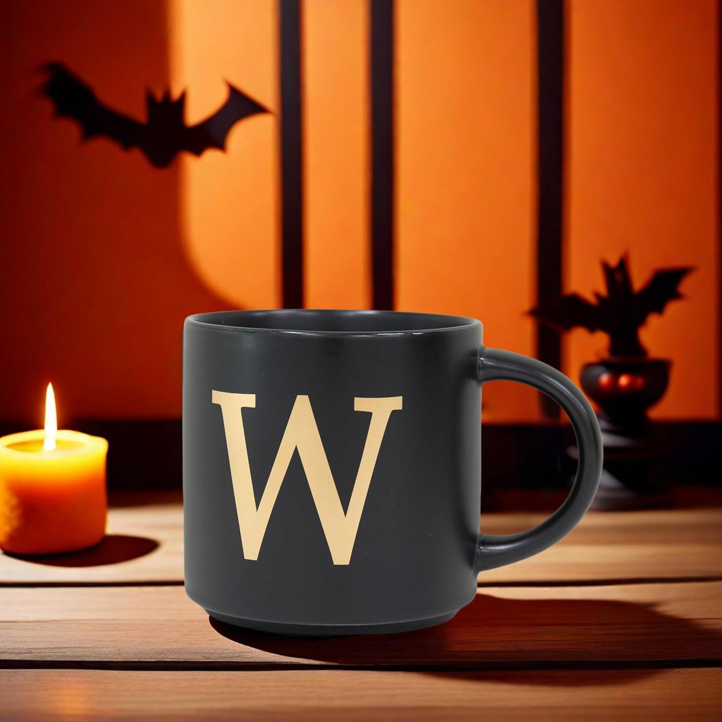 COLLECTIVE HOME - Monogram Ceramic Mugs, 15 oz Golden Initial Black Coffee Cups, Elegant Alphabet Tea Mugs, Elegant Personalized Mug with Gift Box, Unique Mug with Double Side Capital Lette (W)