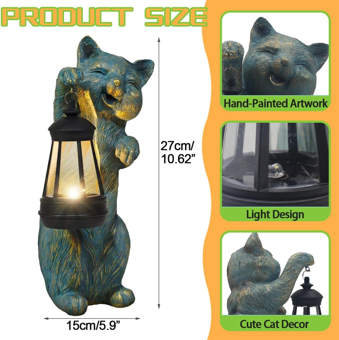Garden Statues Cat with Solar Lantern Outdoor Bunny Figurines Decorations for Patio Yard Lawn Ornaments Gifts for Birthday Easter Housewarming Mother's Day