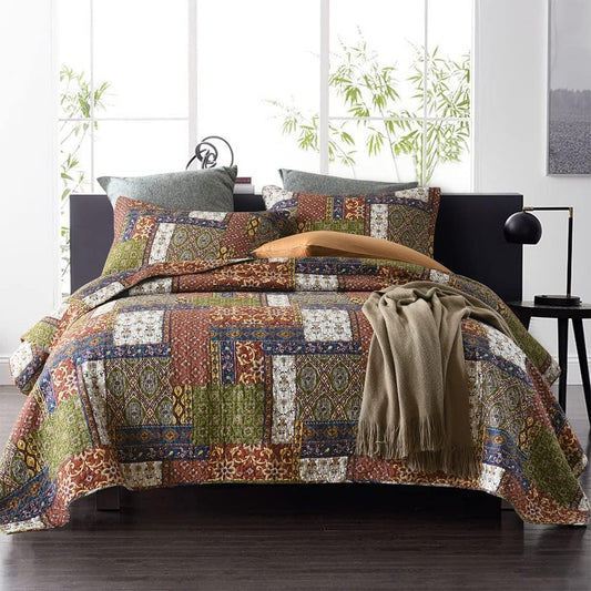 Cotton Bedspread Quilt Sets Reversible Coverlet Sets Comforters Vintage Bohemian Patchwork Bedspread (Brown, Queen Size)