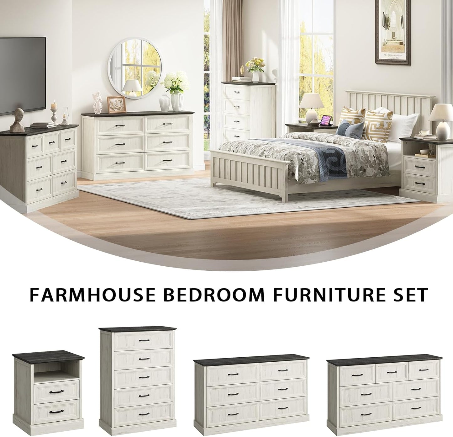 Farmhouse 7 Drawer Dresser for Bedroom, 55 Inch Wide Modern White Dresser TV Stand with Large Drawers & Bar Handles, Rustic Wood Chest of Drawers for Bedroom, Living Room, Hallway, Entryway.