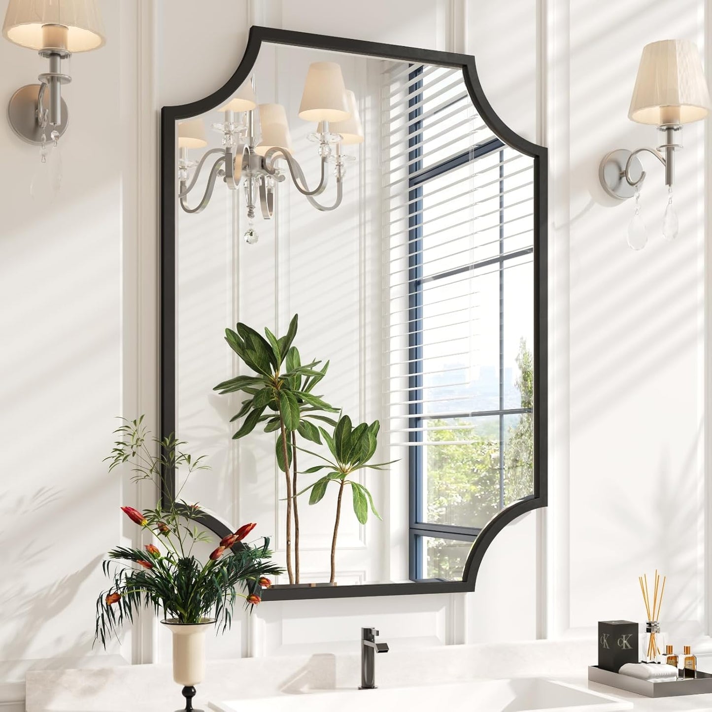 Kelly Miller 30"x40" Large Black Bathroom Mirror for Wall, Gold Scalloped Vanity Mirror Bevelled Framed Decorative Mirror for Master Bath Half Bath Entrance Hallway Fireplace Bedroom Living Room