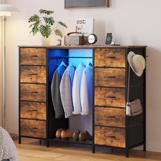 LUMTOK 55W 2-in-1 Dresser with Hanging Rack, 10 Drawers Dresser for Bedroom,Dressers with Fabric Drawers,LED Lights, Charging Station and Hanging Racks for Bedroom (Rustic Brown)