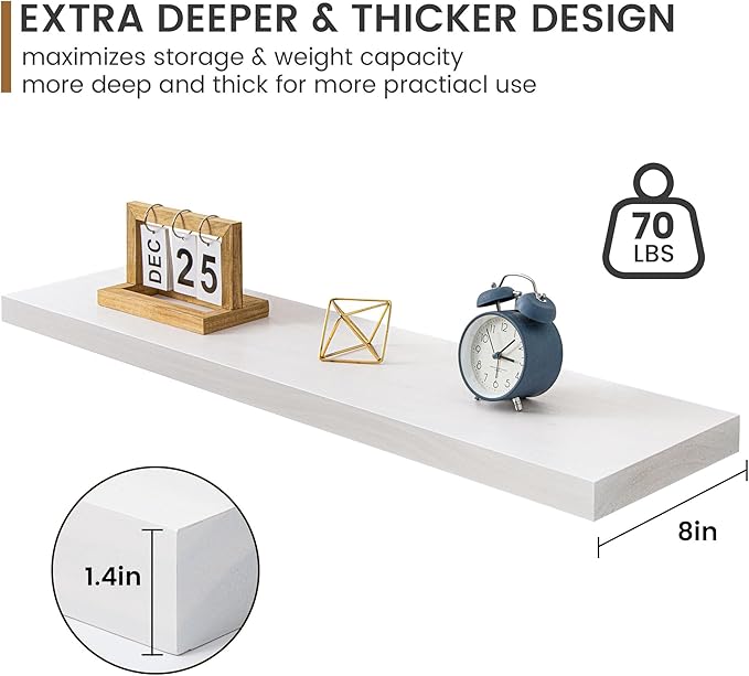 Fun Memories Farmhouse Floating Shelves - 8 Inch Deep Rustic Wood Wall Shelf - Premium Solid Pine Wood Storage Shelf for Kitchen Living Room Bedroom - 30" W x 8" D - Set of 2 - White