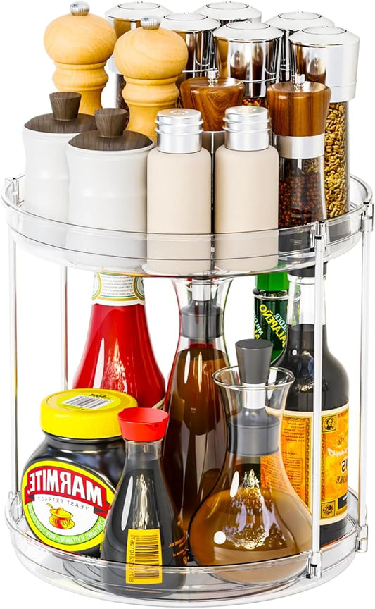 2 Tier Lazy Susan Turntable for Cabinet,Countertop,Pantry,9.5"W Spinning Seasoning Organizer,Double Rotating Kitchen Spice Rack Organizer and Condiments,Medicine,Vitamin Bottle Organizer Carousels,1Pc
