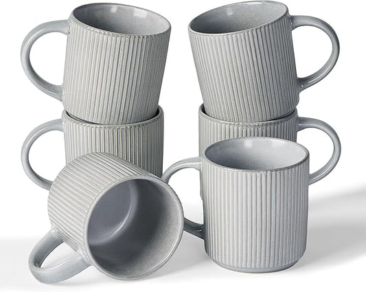 famiware Coffee Mug Set for 6, Star 12 oz Catering Mugs Cup Set with Handle for Coffee, Tea, Cocoa, Milk - Ceramic Stoneware Drinkware Set, Matte Grey
