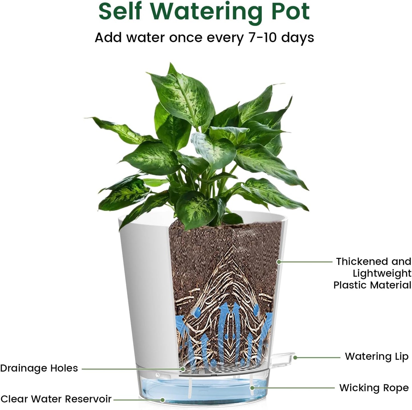 4 inch Self Watering Pots for Indoor Plants, 5 Pack Small Flower Plant Pots with Drainage Holes and Clear Reservoirs, Visible Water Level, Plastic Planters with Wicking Rope, White