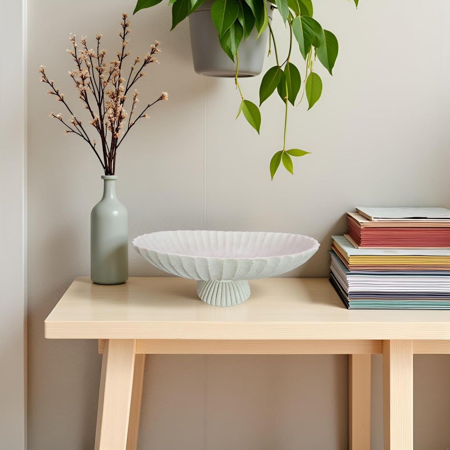 14.5" Large Decorative Long Bowl decor - Fluted Scalloped Decorative Bowls for Home Decor - Ruffle Decor,Stylish Key Bowl for Entry Table,Decorative Fruit Bowls for Kitchen Counter,Light Gray