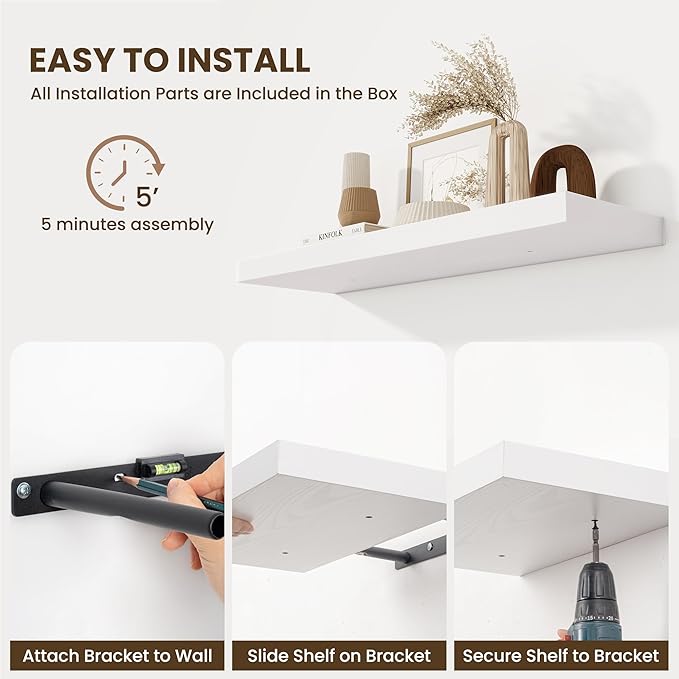 Fun Memories 10 Inch Deep Shelves, Floating Shelves for Wall 48 Inches Long, Wood Floating Shelves for Wall, Large Storage Shelves Wall Mount for Living Room Bedroom, White, Set of 1