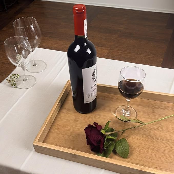 Large Bamboo Wooden Tray with Handles, Rectangular Natural Solid Wood Dinner Tray, Bamboo Wood Original Color. Suitable for Kitchen,Bedroom, Coffee, Party bar. (14.9x10.2 inches)