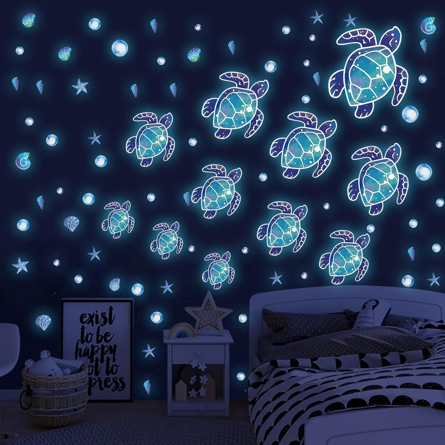Glow in The Dark Sea Turtle Wall Decals,Under The Sea Turtle Bathroom Wall Stickers Ocean Wall Decor for Kids Baby Nursery Living Room Beach Room Decor