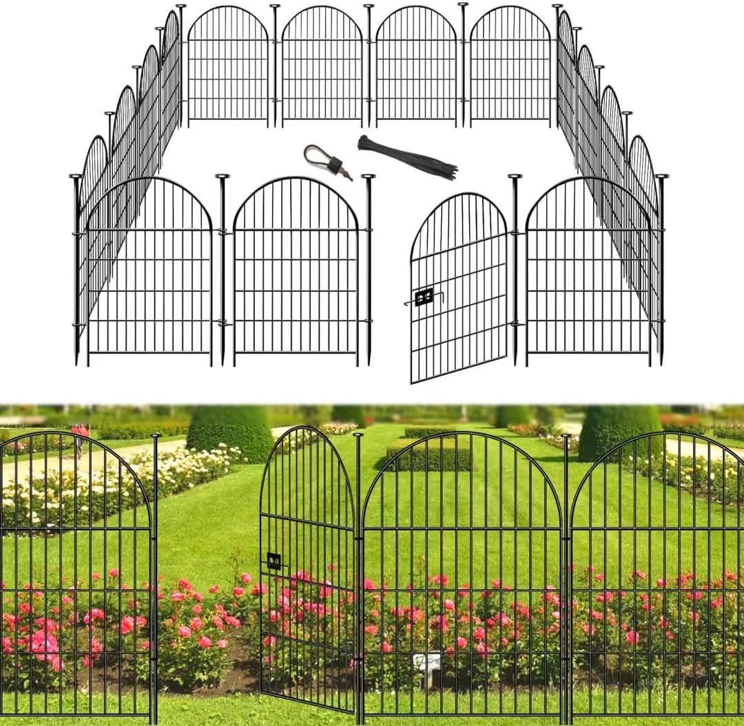 Garden Fence Animal Barrier with Gate, 22 Panels Garden Fencing 36 inch High, Dog Fence Outdoor for Yard, Black Heavy Duty Metal Temporary Fencing, Total 49.5 Ft(L), Arched