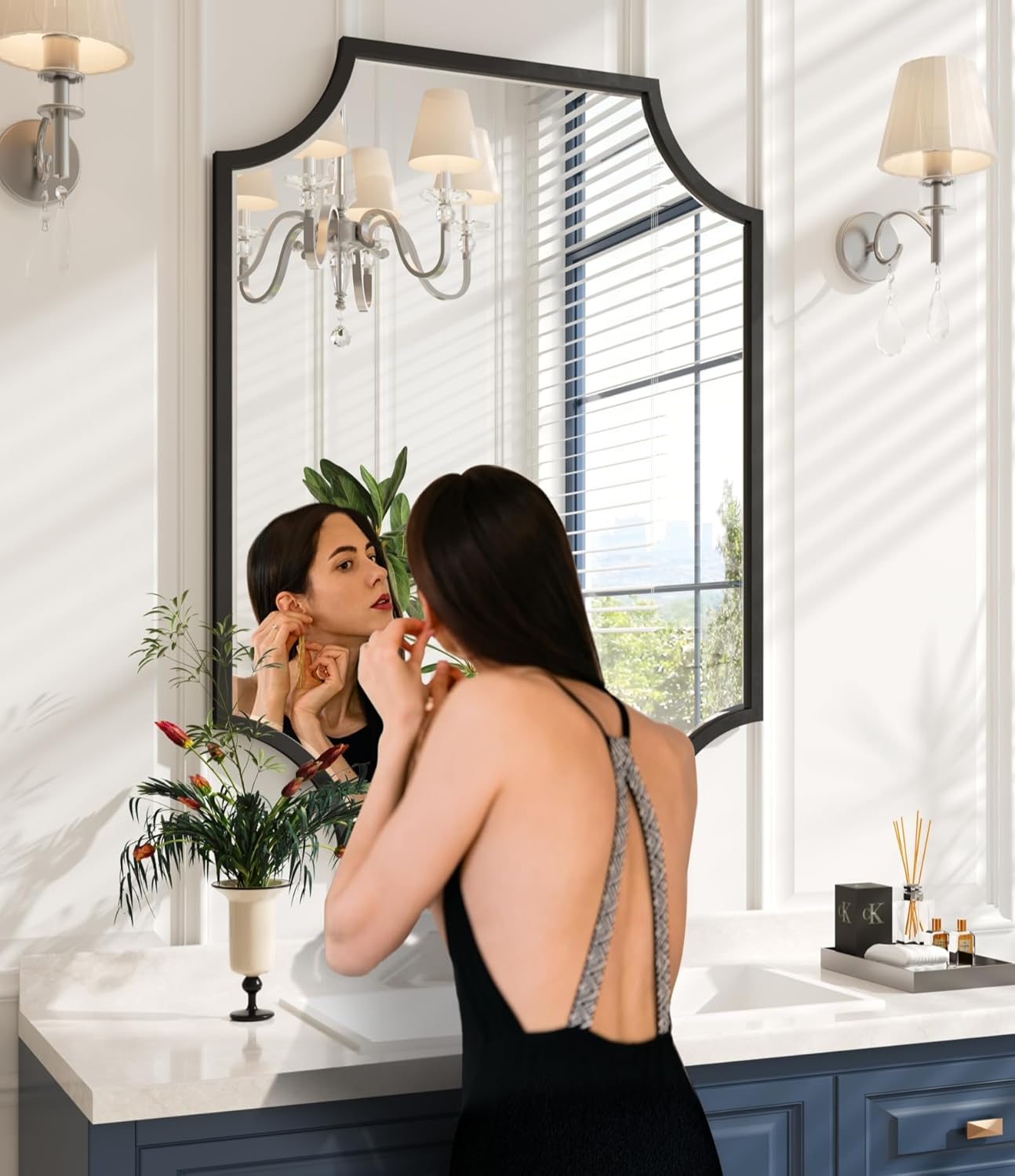 Kelly Miller 30"x40" Large Black Bathroom Mirror for Wall, Gold Scalloped Vanity Mirror Bevelled Framed Decorative Mirror for Master Bath Half Bath Entrance Hallway Fireplace Bedroom Living Room