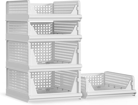 5 Pack Stackable Plastic Storage Basket Closet Organizer Bin Foldable Clothes Organizer Storage Drawer Shelf Container for Living room Bathroom Kitchen Office (2L+3S)