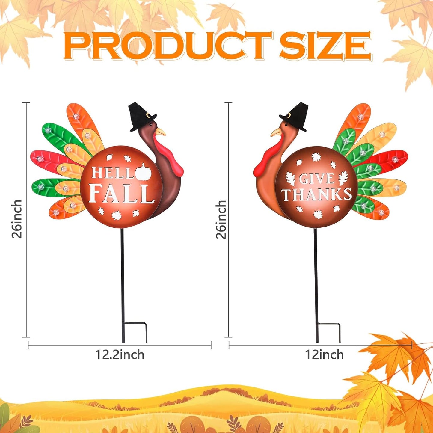 2 PCS Happy Fall Yard Signs Metal Thanksgiving Decorative Garden Stakes with Led Light Turkey Give Thanks Yard Stakes Fall Harvest Lawn Garden Lawn Pathway Decor