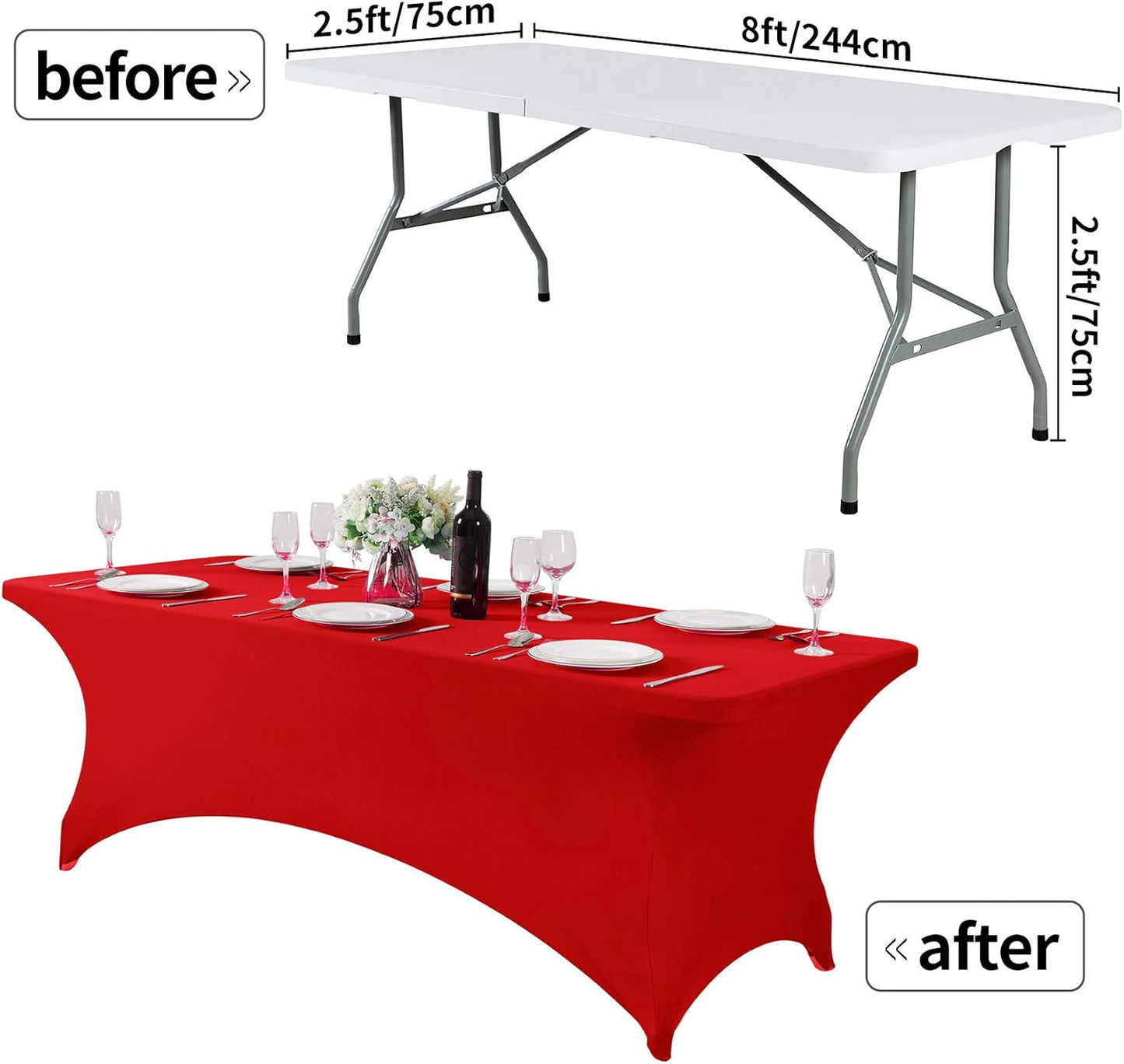 2Pack Spandex Table Cover for 8FT or 4ft or 6ft Table Universal Fitted Stretch Tablecloth for Party, Banquet, Wedding and Events-Red